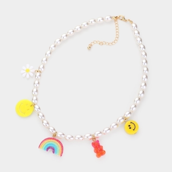 NWT Pearl Charm Necklace Daisy Flower Smiley Rainbow Gummy Bear - Picture 1 of 9